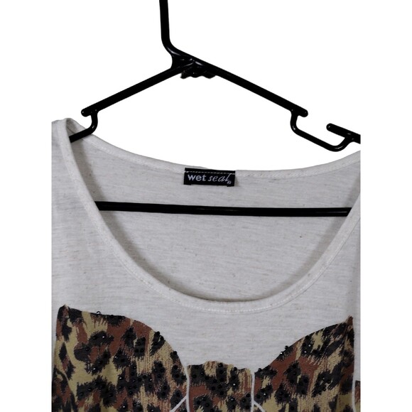 VTG Y2K Wet Seal Small Shirt Tan Brown Leopard Print Bow Knot Tie Front Beaded - Picture 3 of 6